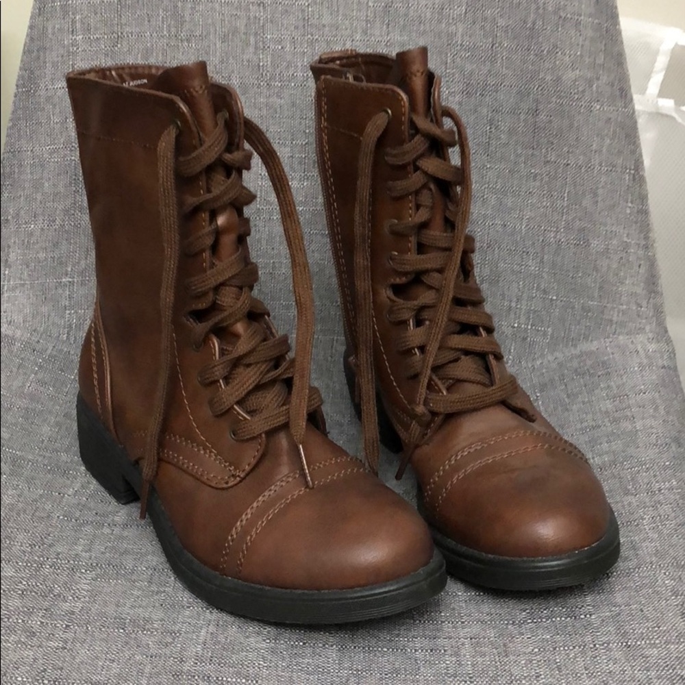 Faux Leather Brown Combat Boots